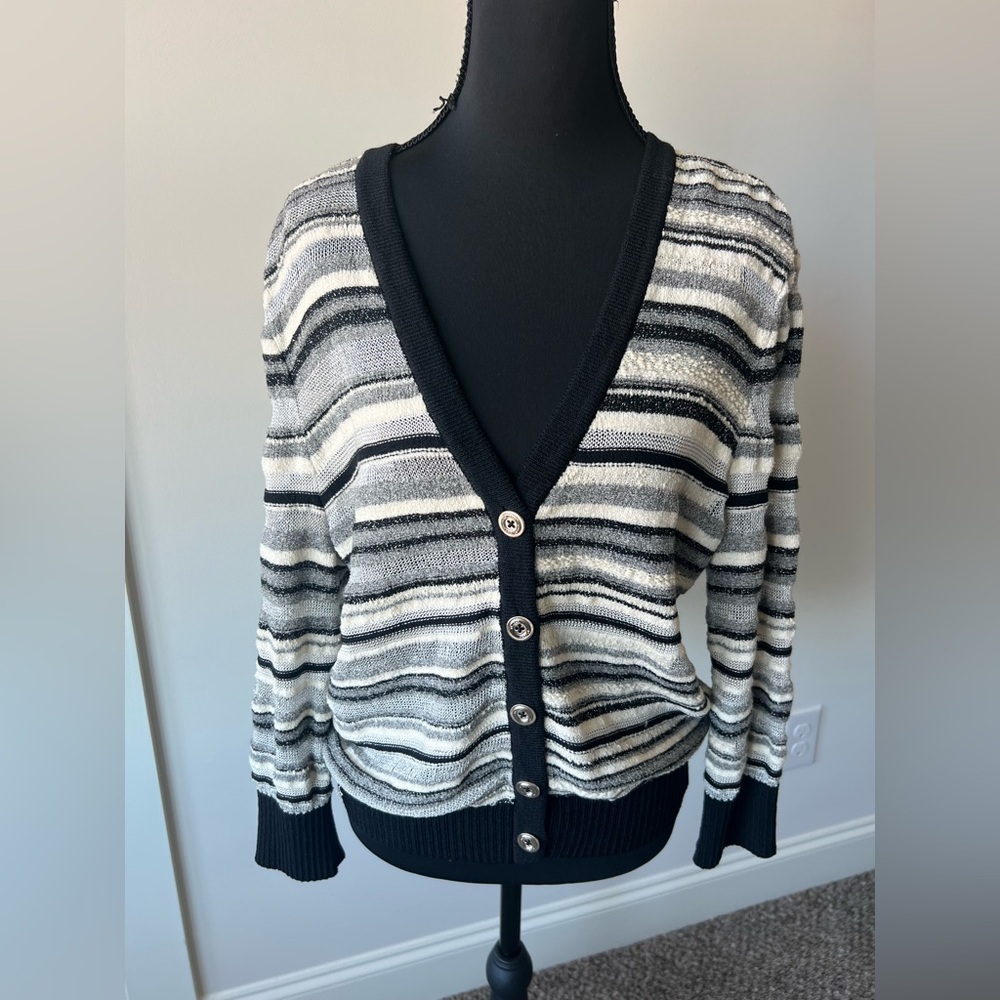 ST JOHN MONOCHROME METALLIC STRIPED CARDIGAN SWEATER SZ M USA WOOL RAYON